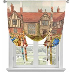 Cats Tea Party Tie Up Curtains for Kitchen Bedroom Living Room Windows, Vintage Cartoon Funny Animals Adjustable Tie-Up Shade Rod Pocket Curtain Valance Drape 1 Panel, 52"x45" in Kuwait