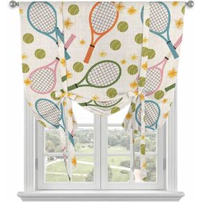 Tennis Sports Tie Up Curtains for Kitchen Bedroom Living Room Windows, Cartoon Sage Green Flowers Ball Theme Adjustable Tie-Up Shade Rod Pocket Curtain Valance Drape 1 Panel, 34"x45" in Kuwait