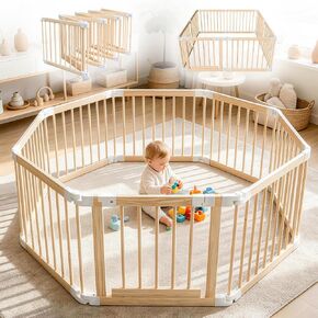Baby Playpen, 56 * 56 * 24 inches Wooden Play Yard with Gate, Playpen for Babies and Toddlers, Baby Activity Center with Child-Proof Lock, Fence Play Area for Toddlers 6 to 36 Months in Kuwait