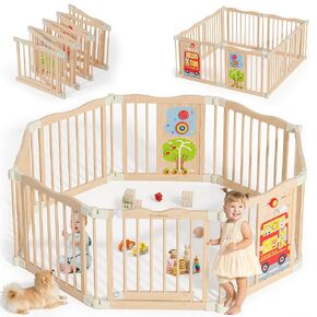 Foldable Wooden Playpen - Adjustable Wood Baby Play Yard with Child-Proof Lock, Indoor Large Safety Fence for Babies and Toddlers - Easy Assembly, 55 x 55 x 24 inches, Animal Bus, Natural in Saudi Arabia