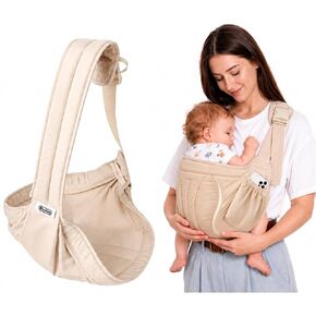 Roslim Baby Sling Carrier with Storage Pocket, Side Sling with Ergonomic Curved Design, Thickened Padded Hip Area for Baby & Waist Comfort, Adjustable Lightweight Carrier for Babies & Toddlers, Beige in Kuwait