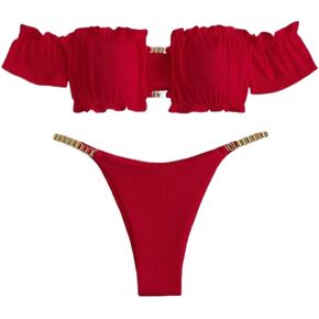 Women's Bikini Set Solid Color Hollow Bikini with Ruffled Cute Sexy Swimwear Set in Kuwait