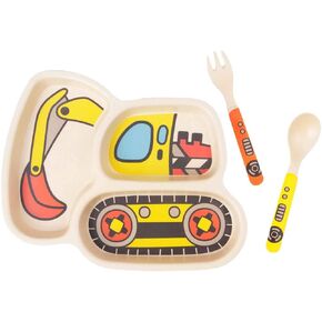 Kid Plate Set Bamboo Toddler Plates Dinnerware Dinner Dish Set Baby Feeding Spill Proof Divided Plate - Baby Spoon and fork 3-Piece Set for Kids and Toddlers (excavator) in Kuwait