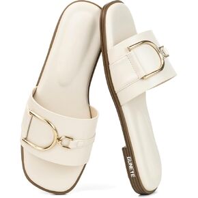 Womens Square Toe Flat Slide Sandals Summer Slippers | Metal Buckle Decorated Slipper Non Slip Lightweight Casual Beach Walking Shoes in Kuwait