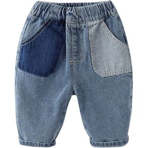 Toddler Boy Jeans Contrast Patch Pocket Elastic Pull on Waist Casual Loose Fit Denim Pants for Baby Infant Boys 6M-4Y in Kuwait