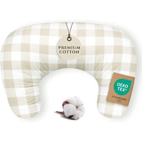 Pobibaby Nursing Pillow Cover, Boppy Compatible, Cotton (Gingham Khak) | Breastfeeding Pillow Cover, Boppy Compatible, 96% Cotton, Stretchy, Soft, Boys & Girls, Machine Wash, Nursing, Shower Gift in Saudi Arabia