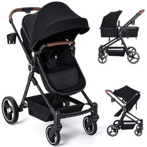 2-1 Baby Stroller, Newborn Toddler Compact Stroller with Convertible Seat, Foldable Pram Stroller with Adjustable Backrest/Canopy& Cup Holder, for 0-48 Months in Kuwait