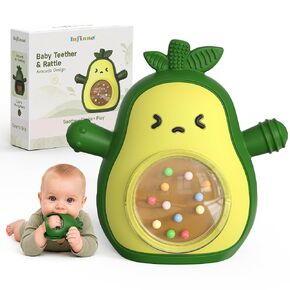 Infinno Baby Teether 3-12 Months, Avocado Silicone Rattle Toy | Anti-drop mitt grip, BPA-free silicone teether with rattle and multi-texture gum relief, great baby gift in Saudi Arabia