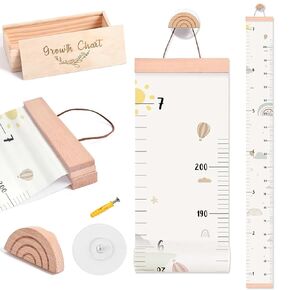 7 ft Growth Chart for Wall with Wooden Keepsake Box - Canvas Hanging Measurement Ruler for Kids, Removable Height Chart for Baby Nursery Wall Decor, Portable Growth Tracker for room (Rainbow Ornament) in Kuwait