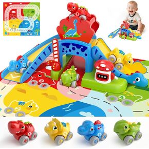 Toddler Toys for 1 2 Year Old Boy Gifts - Educational Dinosaur Slide Set with 4 Color/Number Push Cars and Playmat, Montessori Learning Toy for Baby 12-18 Months, 1st Birthday Present Ages 1-2, Red in Kuwait