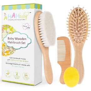 4 Piece Baby Hair Brush and Comb Set for Newborns, Wooden Baby Brush with Soft Natural Goat Bristle, Infant Hair Care Kit Helps Prevent Cradle Cap, Grooming Essentials Gift for Boys and Girls in Kuwait