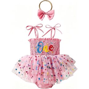 ChuYuKu Baby Girl 1st Birthday Outfits Romper Dresses | Smocked Strap Tulle Princess Bodysuit with Headband, Cake Smash Party Photoshoot Dress, Spring Summer Outfit in Kuwait