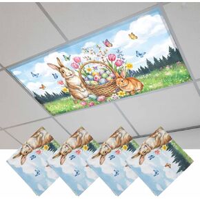 Fluorescent Light Covers, Happy Easter Magnetic Light Covers for Ceiling Lights, Spring Cute Rabbits Eggs Floral Plants Watercolor Fluorescent Ceiling Shade for Classroom Bedroom Office 4x2Ft x 4PCS in Kuwait