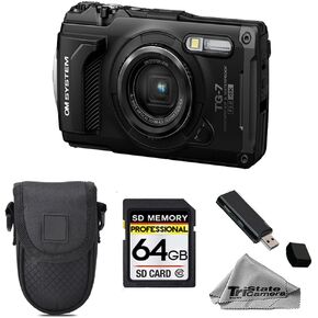 OM System Olympus Tough TG-7 Black Digital Camera Kit | Rugged waterproof and freezeproof design, 4K video, high-resolution imaging, 44x macro shooting, case, 64GB card & reader in Kuwait