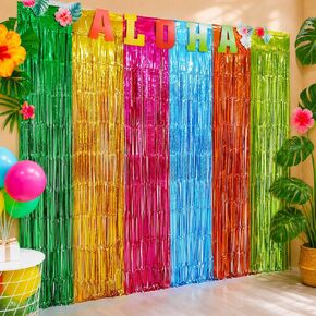 Menstarsi Hawaiian Luau Foil Fringe Curtains, Aloha Party Backdrop, 2 Pack | Hawaiian Luau Party Decorations, Aloha Photo Booth Props Streamers for Tropical Flamingo Tiki Pineapple Pool Party Decor in Saudi Arabia