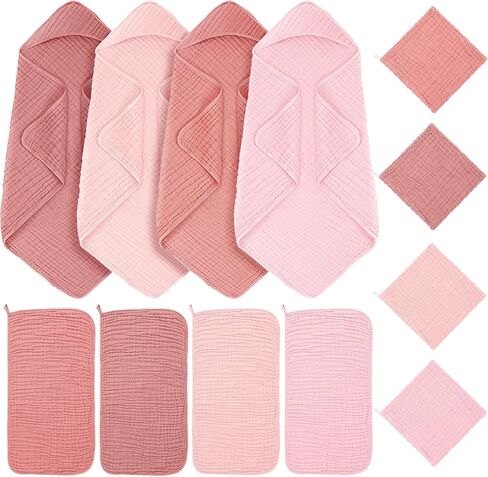 Breling 12 Pcs Muslin Hooded Baby Bath Towel, Hand Towels and Washcloth Set, 36"x 36" Cotton Newborn Bath Towel Cotton Absorbent Blanket Unisex Newborn Gift Essentials for Girl Boy (Pink Series) in Kuwait