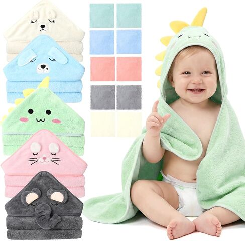 JATEBI 15 PCS Baby Bath Towels Set for Infants Toddlers Ultra Absorbent | 5 PCS Animal Hooded Baby Towels 10 PCS Washcloths Set Ultra Absorbent Cute Newborn Bath Essentials Gifts for Boys Girls in Kuwait