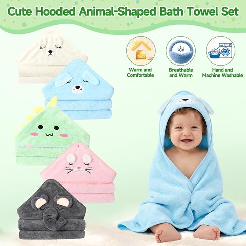JATEBI 15 PCS Baby Bath Towels Set for Infants Toddlers Ultra Absorbent | 5 PCS Animal Hooded Baby Towels 10 PCS Washcloths Set Ultra Absorbent Cute Newborn Bath Essentials Gifts for Boys Girls in Kuwait