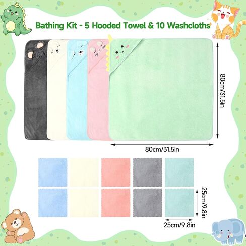 JATEBI 15 PCS Baby Bath Towels Set for Infants Toddlers Ultra Absorbent | 5 PCS Animal Hooded Baby Towels 10 PCS Washcloths Set Ultra Absorbent Cute Newborn Bath Essentials Gifts for Boys Girls in Kuwait