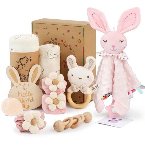 Baby Girl Gift Set for Baby Shower - 10 Piece Newborn Present Box with Muslin Swaddle Blanket, Rabbit Security Blanket, Wooden Rattles, Flower Headband, Socks, Card and Brush for Baby Girl Shower in Kuwait