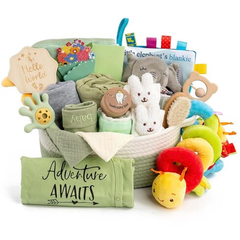 Baby Shower Gifts for Girls, 24 Piece Deluxe Baby Shower Gift Basket - Baby Girl Gift Basket with Swaddle, Rattle, Bath Towel, Brush, Car Seat Activity Toy & Milestone Cards for New Mom(Pink) in Kuwait