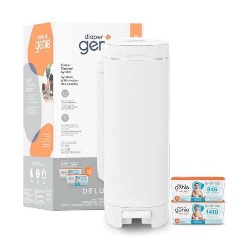 Diaper Genie Deluxe Gift Set Pail – Diaper Disposal Made in Stainless Steel | Hands-Free Foot Pedal & Easy-Glide Function| Includes 2 Easy Roll Refills (48 Bags) | Baby Shower Gift in Kuwait