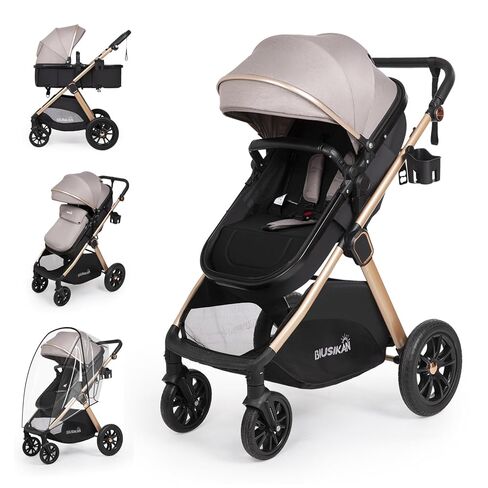 6-in-1 Convertible Baby Stroller with Bassinet Pushchair - Folding Infant Newborn Stroller w/Footmuff, Rain Cover, Cup Holder & Large Storage, Toddler w/All-Scene Large Wheels, Reversible Seat(Black) in Kuwait