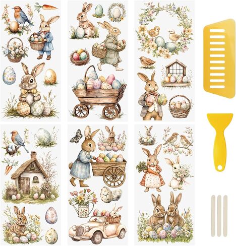 WANDIC 6PCS Easter Theme Rub On Transfer Stickers, Vintage Transfer Decals Rabbit Egg Theme Stickers for Furniture Scrapbooking Window, 15 * 30cm in Kuwait