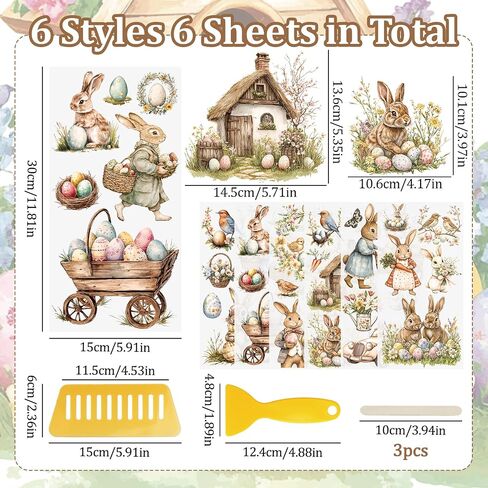 WANDIC 6PCS Easter Theme Rub On Transfer Stickers, Vintage Transfer Decals Rabbit Egg Theme Stickers for Furniture Scrapbooking Window, 15 * 30cm in Kuwait