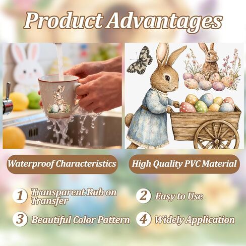 WANDIC 6PCS Easter Theme Rub On Transfer Stickers, Vintage Transfer Decals Rabbit Egg Theme Stickers for Furniture Scrapbooking Window, 15 * 30cm in Kuwait