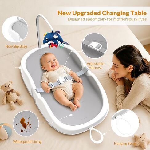 Baby Changing Pad, Wipeable Diaper Changing Mat with Tuck-Away Toy Bar, Waterproof & Non-Slip, Adjustable Safety Strap, Infant Diaper Change Pad Suitable for Dresser & Table (Grey) in Kuwait