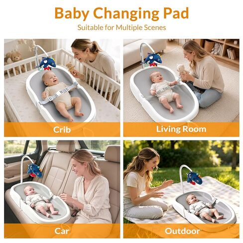 Baby Changing Pad, Wipeable Diaper Changing Mat with Tuck-Away Toy Bar, Waterproof & Non-Slip, Adjustable Safety Strap, Infant Diaper Change Pad Suitable for Dresser & Table (Grey) in Kuwait