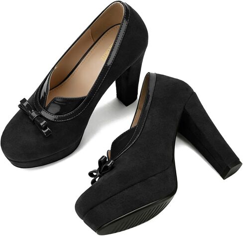 Women High Heels Loafers Chunky Platform Suede Bow Pumps Round Closed Toe Oxford Loafer Shoes Slip On 4" Block Heel Platform Loafer Bow-Knot Patent Dress Loafers Office Work Party 4-11 M US in Kuwait