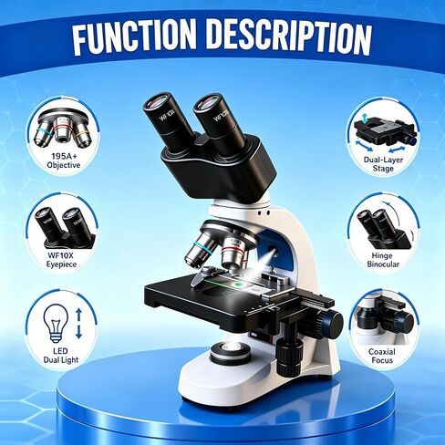 Compound Binocular Microscope for Adults, Professionals & Kids, 40X-1600X Magnification with LED Illumination, Mechanical Stage, WF10x & WF16x Eyepieces，Suitable for Schools Home Labs Educational in Kuwait