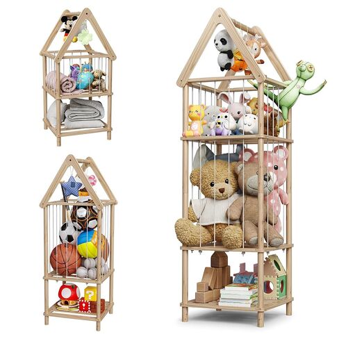 Kid Stuffed Animal Storage Corner, 3 Heights Adjustable (36", 45.5", 55.5") Wooden Zoo Stuffed Animal Organizer with Bottom Shelf, Durable Elastic Plushies Storage Cord - Teddy Bear Holder in Kuwait