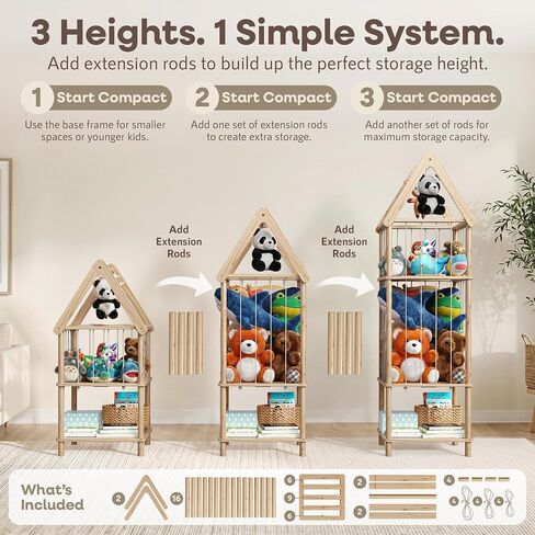 Kid Stuffed Animal Storage Corner, 3 Heights Adjustable (36", 45.5", 55.5") Wooden Zoo Stuffed Animal Organizer with Bottom Shelf, Durable Elastic Plushies Storage Cord - Teddy Bear Holder in Kuwait