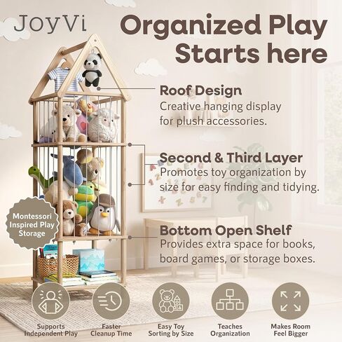 Kid Stuffed Animal Storage Corner, 3 Heights Adjustable (36", 45.5", 55.5") Wooden Zoo Stuffed Animal Organizer with Bottom Shelf, Durable Elastic Plushies Storage Cord - Teddy Bear Holder in Kuwait