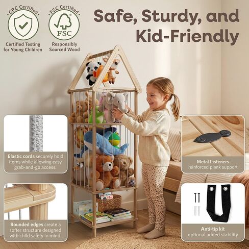 Kid Stuffed Animal Storage Corner, 3 Heights Adjustable (36", 45.5", 55.5") Wooden Zoo Stuffed Animal Organizer with Bottom Shelf, Durable Elastic Plushies Storage Cord - Teddy Bear Holder in Kuwait