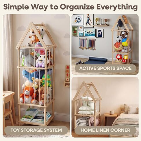 Kid Stuffed Animal Storage Corner, 3 Heights Adjustable (36", 45.5", 55.5") Wooden Zoo Stuffed Animal Organizer with Bottom Shelf, Durable Elastic Plushies Storage Cord - Teddy Bear Holder in Kuwait