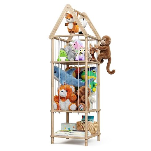 Kid Stuffed Animal Storage Corner, 3 Heights Adjustable (36", 45.5", 55.5") Wooden Zoo Stuffed Animal Organizer with Bottom Shelf, Durable Elastic Plushies Storage Cord - Teddy Bear Holder in Kuwait