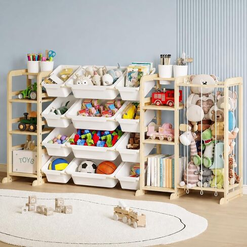 4-in-1 Toy Storage Organizer with 2 Bookshelf and Stuffed Animal Storage | 66"W Large Toy Organizer with Bookshelf, Plush Storage and 12 Bins - Big Toy Organization for Baby, Toddler and Kids Playroom in Kuwait