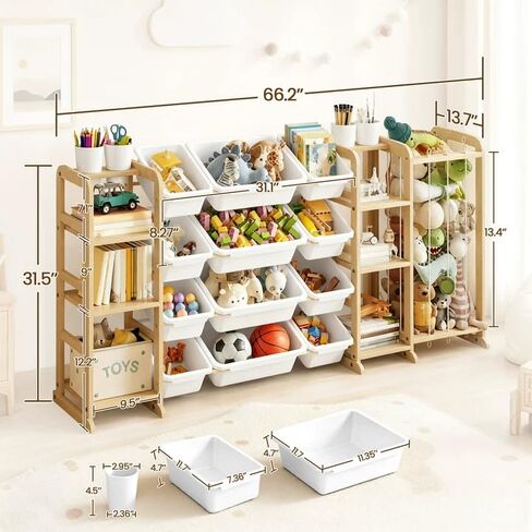 4-in-1 Toy Storage Organizer with 2 Bookshelf and Stuffed Animal Storage | 66"W Large Toy Organizer with Bookshelf, Plush Storage and 12 Bins - Big Toy Organization for Baby, Toddler and Kids Playroom in Kuwait