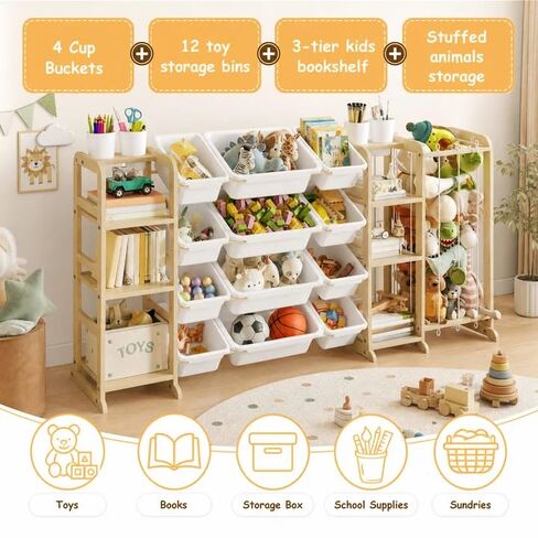 4-in-1 Toy Storage Organizer with 2 Bookshelf and Stuffed Animal Storage | 66"W Large Toy Organizer with Bookshelf, Plush Storage and 12 Bins - Big Toy Organization for Baby, Toddler and Kids Playroom in Kuwait
