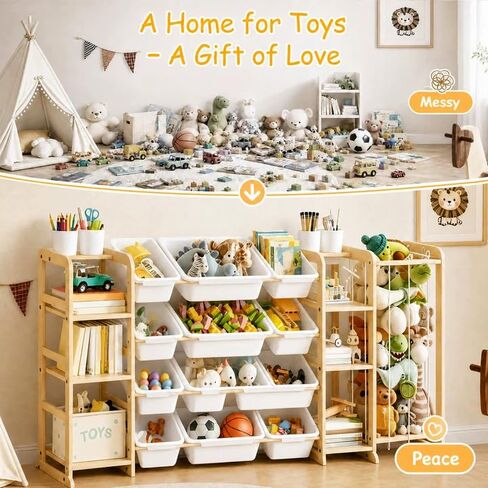 4-in-1 Toy Storage Organizer with 2 Bookshelf and Stuffed Animal Storage | 66"W Large Toy Organizer with Bookshelf, Plush Storage and 12 Bins - Big Toy Organization for Baby, Toddler and Kids Playroom in Kuwait