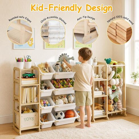 4-in-1 Toy Storage Organizer with 2 Bookshelf and Stuffed Animal Storage | 66"W Large Toy Organizer with Bookshelf, Plush Storage and 12 Bins - Big Toy Organization for Baby, Toddler and Kids Playroom in Kuwait