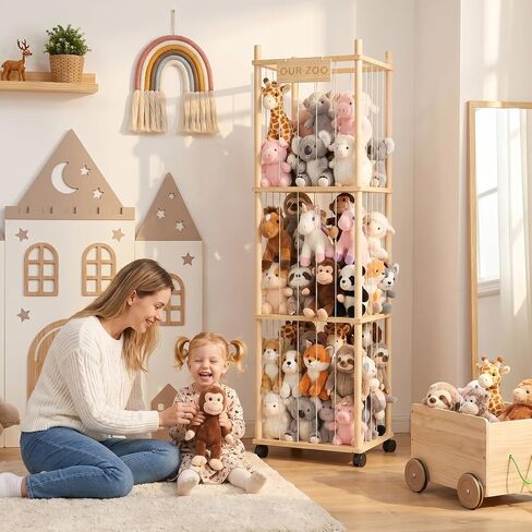 Stuffed Animal Storage Organizer Zoo Tower, Large Wooden Plush Toy Organizer & Holder with Elastic Cords & Brake, Plushies Storage for Playroom Bedroom Nursery, Natural Solid Wood, Easy Assembly in Kuwait