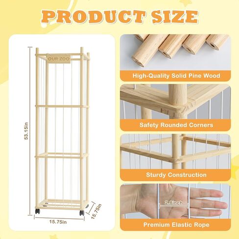 Stuffed Animal Storage Organizer Zoo Tower, Large Wooden Plush Toy Organizer & Holder with Elastic Cords & Brake, Plushies Storage for Playroom Bedroom Nursery, Natural Solid Wood, Easy Assembly in Kuwait