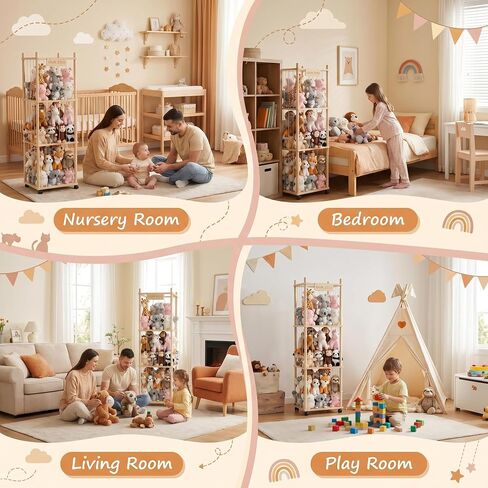 Stuffed Animal Storage Organizer Zoo Tower, Large Wooden Plush Toy Organizer & Holder with Elastic Cords & Brake, Plushies Storage for Playroom Bedroom Nursery, Natural Solid Wood, Easy Assembly in Kuwait