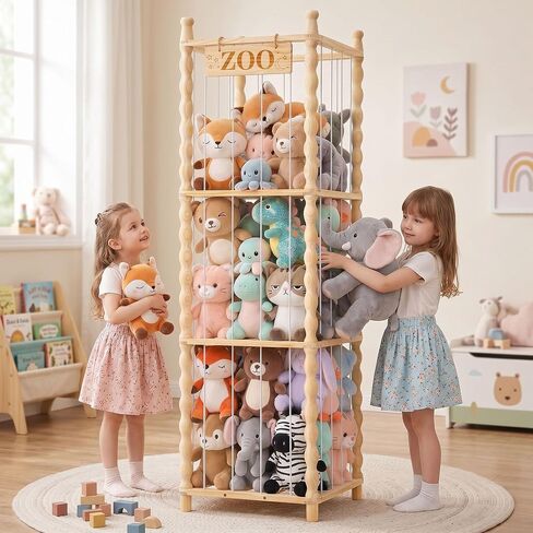Stuffed Animal Storage Organizer, Wood Animals Zoo Toy Plushies Storage Holder with Cute Wave Design, Large Capacity Plush Toy Cage for Kids Room, Nursery & Playroom Organization(54" Tall) in Kuwait