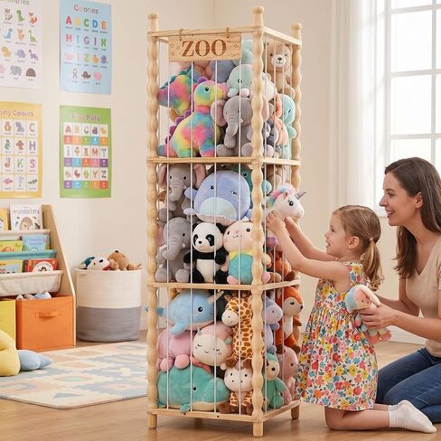 Stuffed Animal Storage Organizer, Wood Animals Zoo Toy Plushies Storage Holder with Cute Wave Design, Large Capacity Plush Toy Cage for Kids Room, Nursery & Playroom Organization(54" Tall) in Kuwait